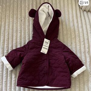 NWT - First Impressions - Baby Girl 0-3M Maroon Hooded Quilted Jacket